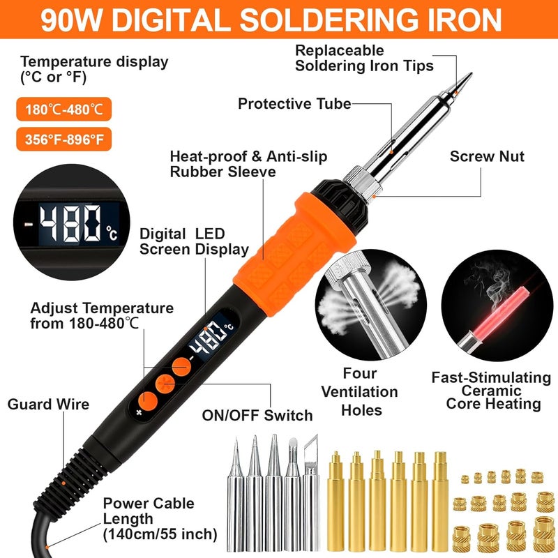 BILIPLE 90W Soldering Iron Heat Set Insert Tool, LED Digital Solder Iron Adjustable Temperature(180°C-480°C) with 250Pcs Threaded Inserts Brass Nuts,Soldering Iron Tips,Heat Set Insert Tips,Desoldering Pump - Image 2